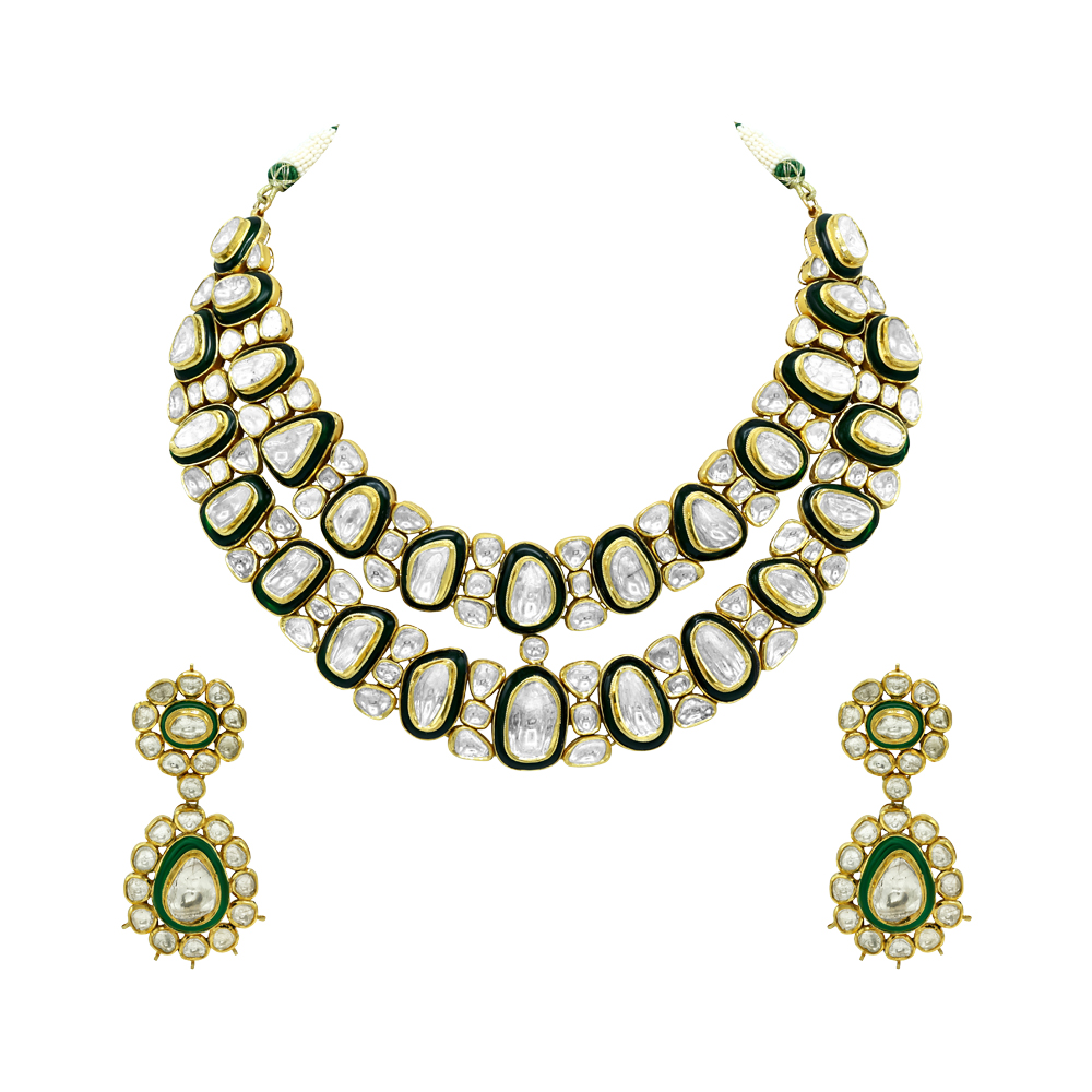 Polki Necklace Set with Green Enamel and Layered Design